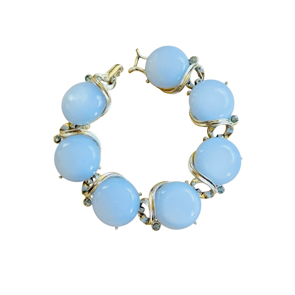 VTG Lisner Signed Bracelet Thermoset Lucite Blue Moongle Rhinestone Silver 7"